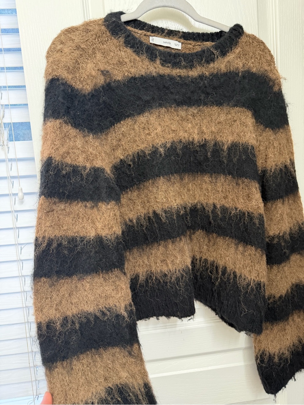 Mango Black and Brown Striped Fuzzy Crewneck Sweater